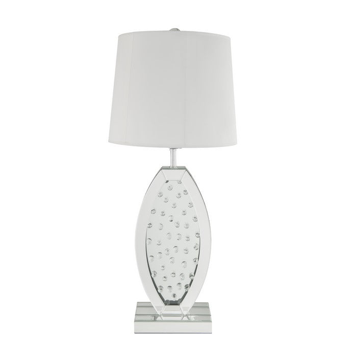 Mirrorred Base Wooden Table Lamp with Faux Crystal, White and Silver