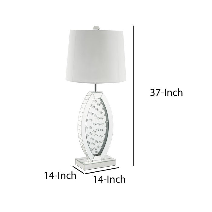 Mirrorred Base Wooden Table Lamp with Faux Crystal, White and Silver