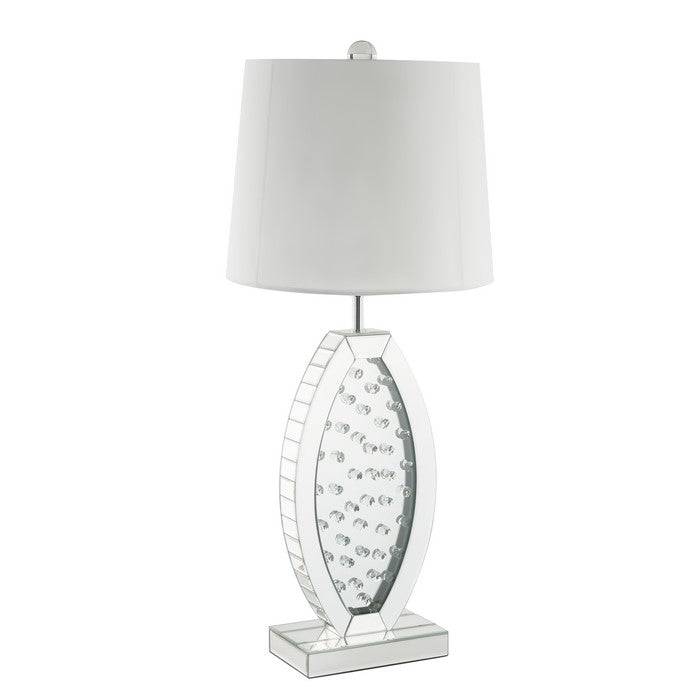 Mirrorred Base Wooden Table Lamp with Faux Crystal, White and Silver