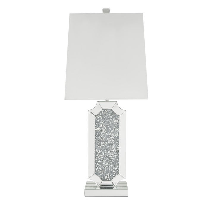 Mirrorred Base Wooden Table Lamp with Square Shade, White and Silver