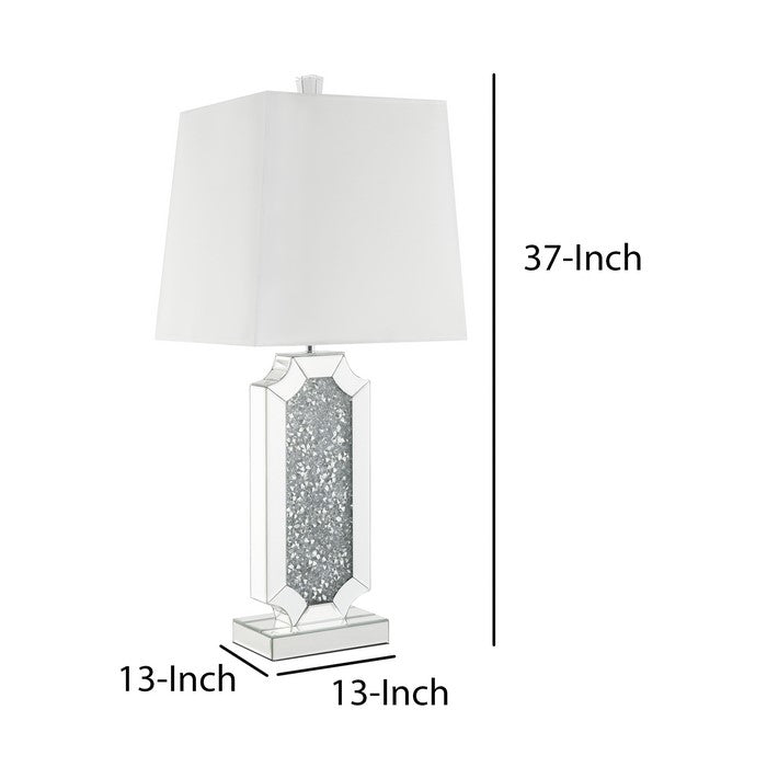 Mirrorred Base Wooden Table Lamp with Square Shade, White and Silver