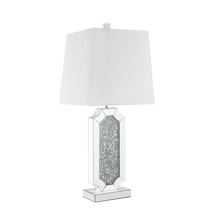 Mirrorred Base Wooden Table Lamp with Square Shade, White and Silver