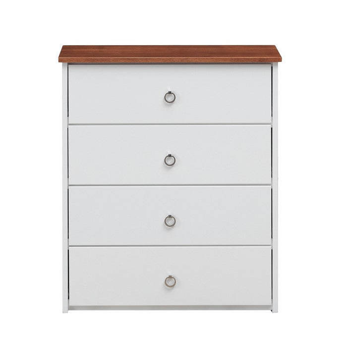 4 Drawer Modern Style Wooden Chest with Ring Pulls, White and Brown