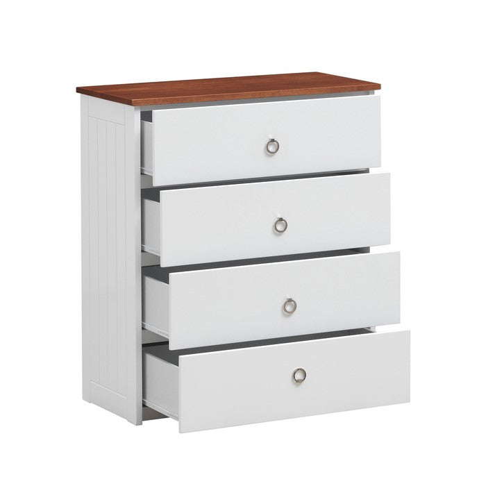 4 Drawer Modern Style Wooden Chest with Ring Pulls, White and Brown