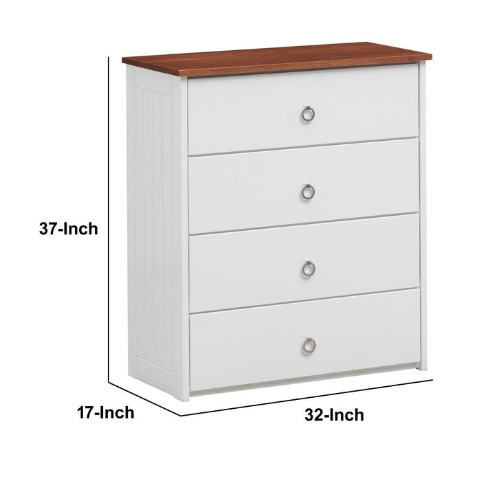 4 Drawer Modern Style Wooden Chest with Ring Pulls, White and Brown