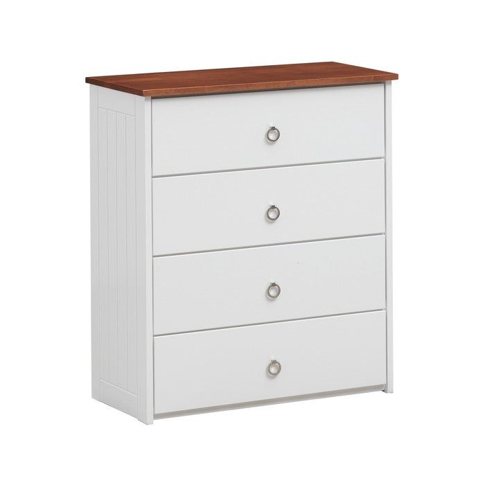 4 Drawer Modern Style Wooden Chest with Ring Pulls, White and Brown