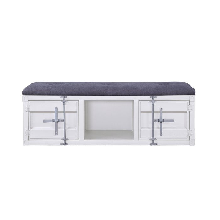 Metal Bench with Open Storage and Tufted Fabric Seat, White and Gray