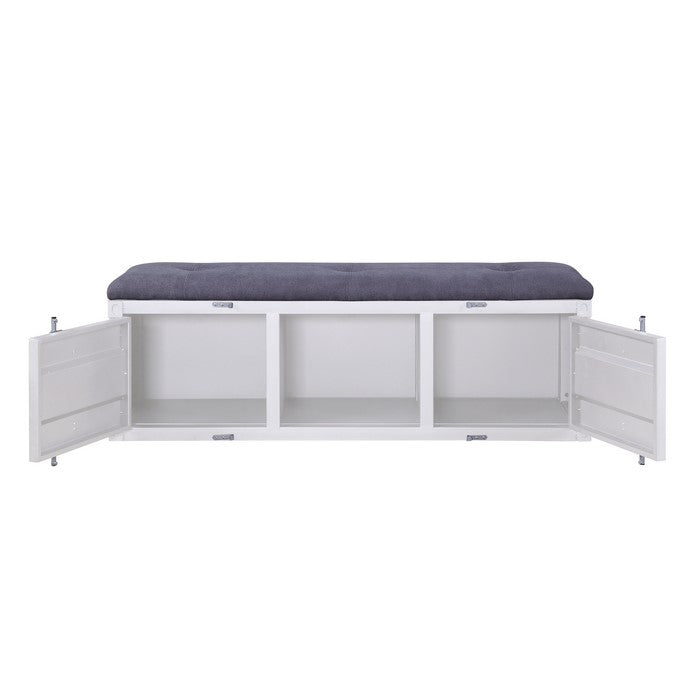 Metal Bench with Open Storage and Tufted Fabric Seat, White and Gray
