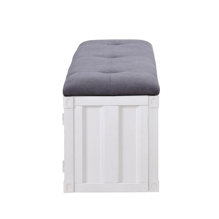 Metal Bench with Open Storage and Tufted Fabric Seat, White and Gray