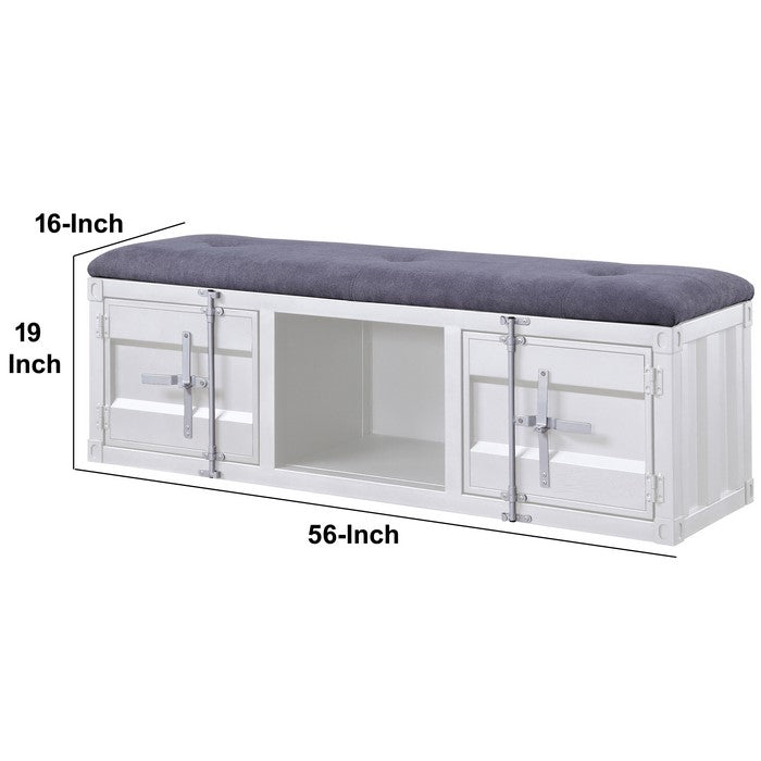 Metal Bench with Open Storage and Tufted Fabric Seat, White and Gray