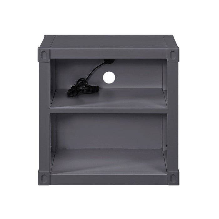 Metal Nightstand with 2 Open Compartment and USB Port, Gray
