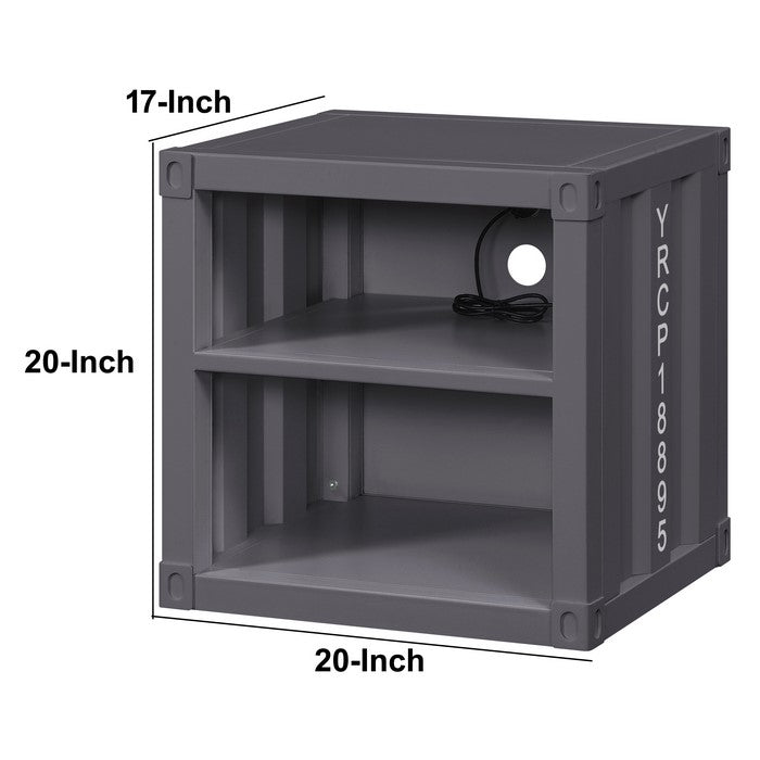 Metal Nightstand with 2 Open Compartment and USB Port, Gray