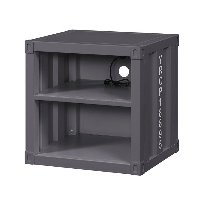 Metal Nightstand with 2 Open Compartment and USB Port, Gray