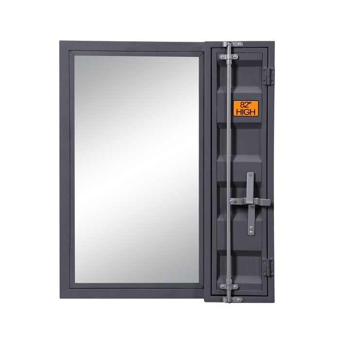Industrial Style Metal Vanity Mirror with Recessed Door Storage, Gray