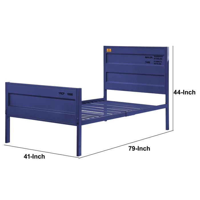 Industrial Style Metal Twin Size Bed with Straight Leg Support, Blue