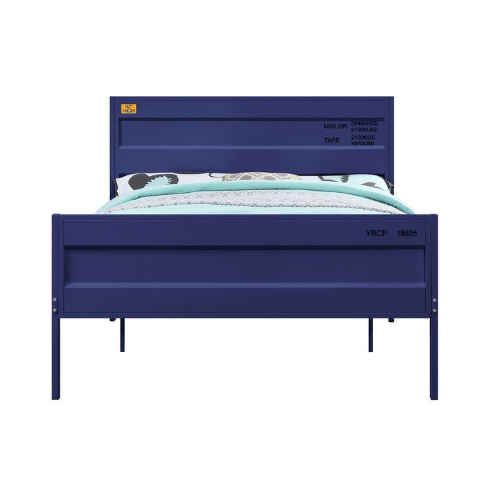 Industrial Style Metal Full Size Bed with Straight Leg Support, Blue