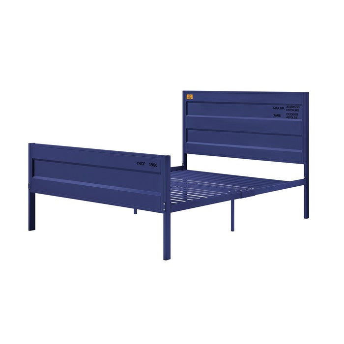 Industrial Style Metal Full Size Bed with Straight Leg Support, Blue