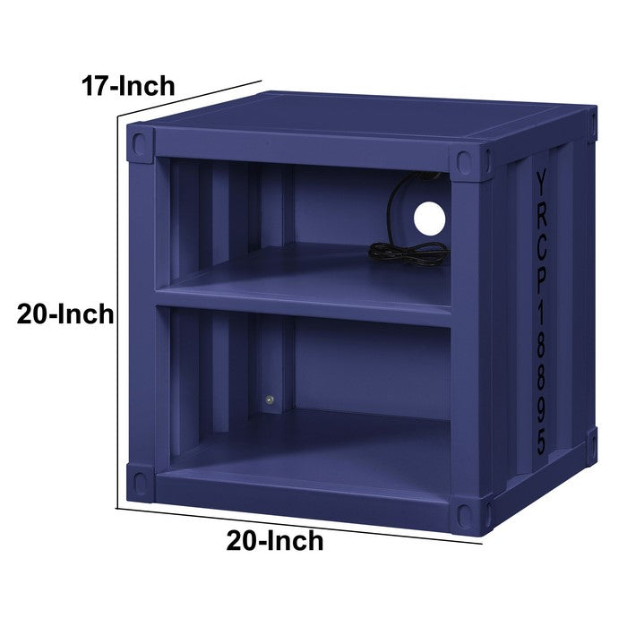 Metal Nightstand with 2 Open Compartment and USB Port, Blue