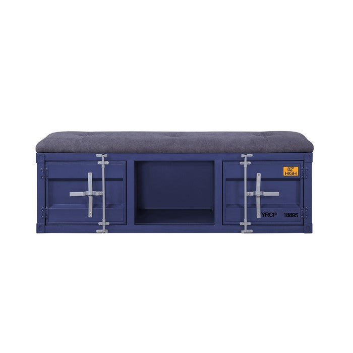 Industrial Metal and Fabric Bench with Open Storage, Blue and Gray