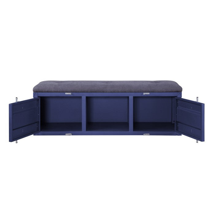Industrial Metal and Fabric Bench with Open Storage, Blue and Gray