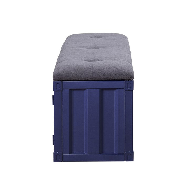Industrial Metal and Fabric Bench with Open Storage, Blue and Gray