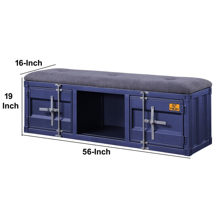Industrial Metal and Fabric Bench with Open Storage, Blue and Gray