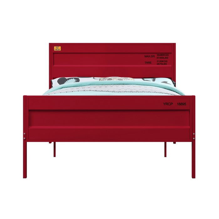 Industrial Style Metal Full Size Bed with Straight Leg Support, Red