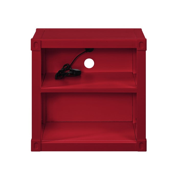 Metal Nightstand with 2 Open Compartment and USB Port, Red