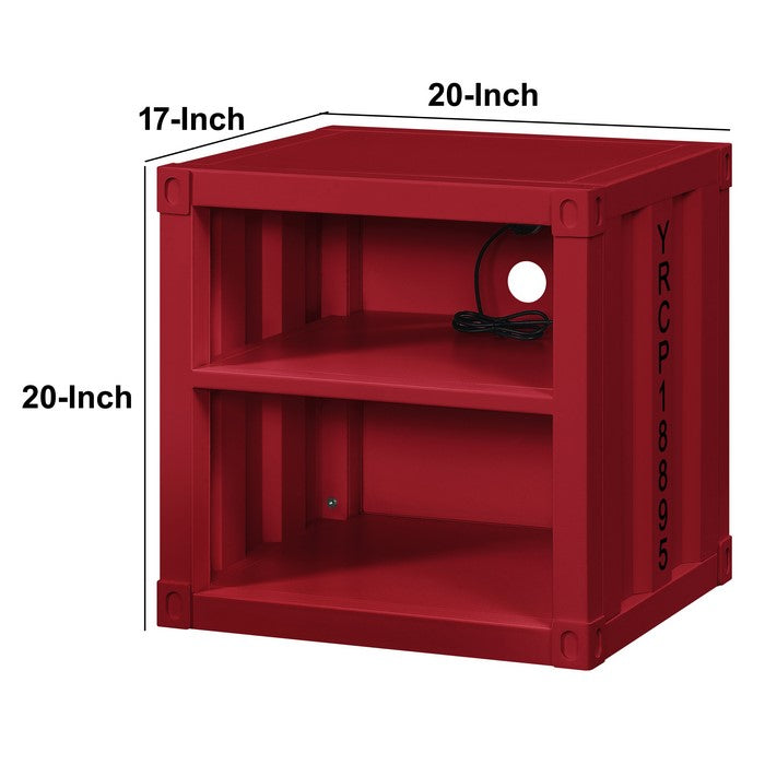 Metal Nightstand with 2 Open Compartment and USB Port, Red