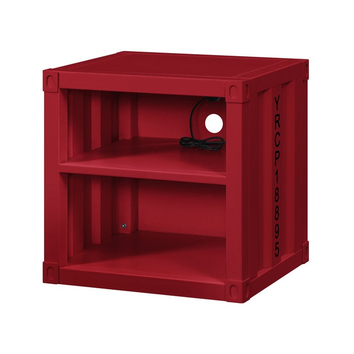Metal Nightstand with 2 Open Compartment and USB Port, Red