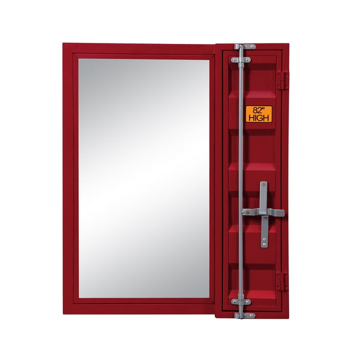 Industrial Style Metal Vanity Mirror with Recessed Door Storage, Red