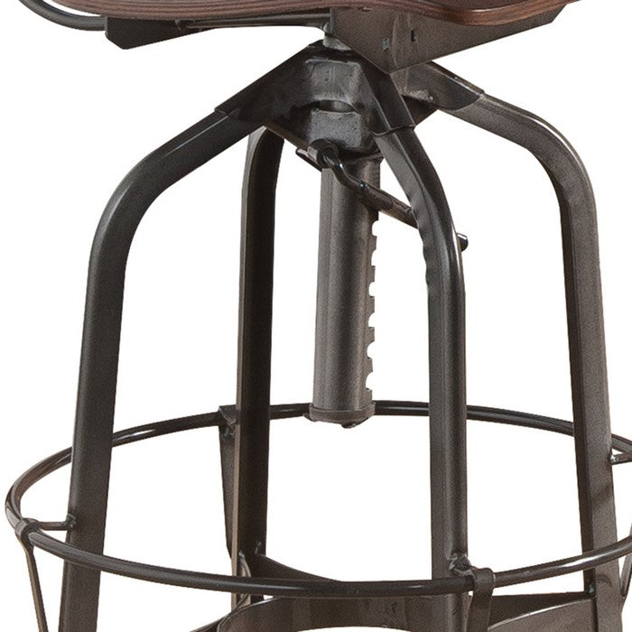 Metal Frame Bar Stool with Corkscrew Swivel Mechanism, Gray and Brown