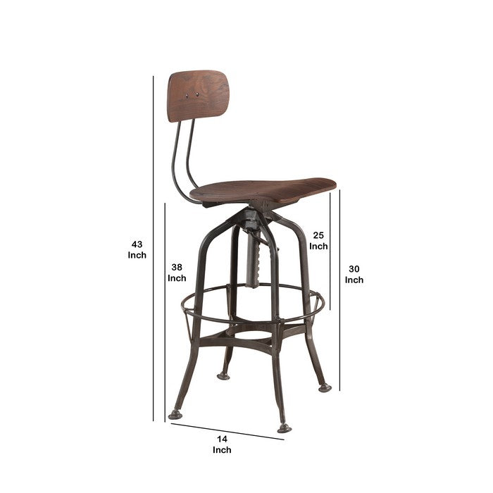 Metal Frame Bar Stool with Corkscrew Swivel Mechanism, Gray and Brown