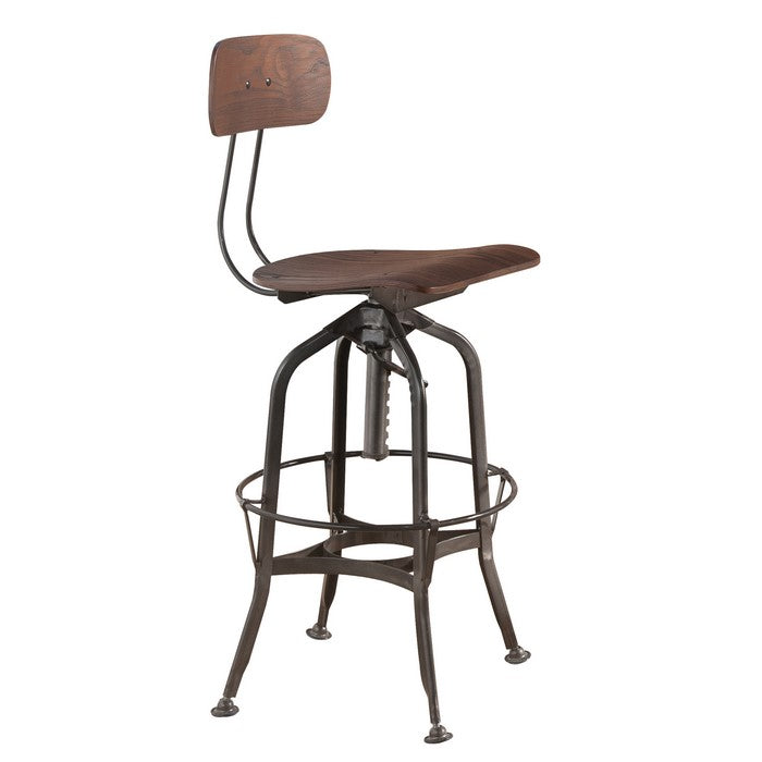 Metal Frame Bar Stool with Corkscrew Swivel Mechanism, Gray and Brown