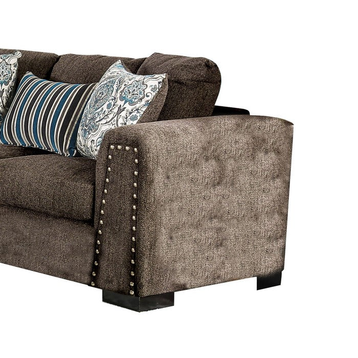 Modern Fabric Upholstered Wooden Loveseat with Nailhead Trim, Brown