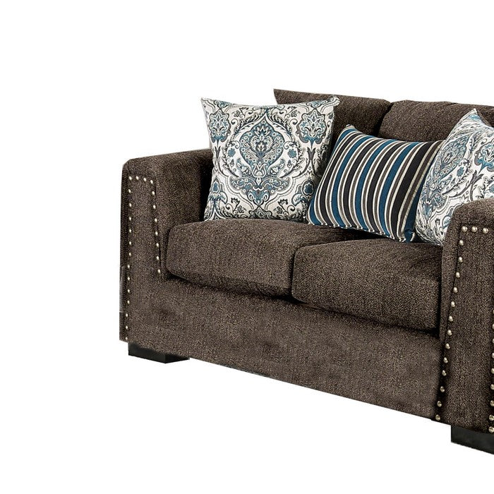 Modern Fabric Upholstered Wooden Loveseat with Nailhead Trim, Brown