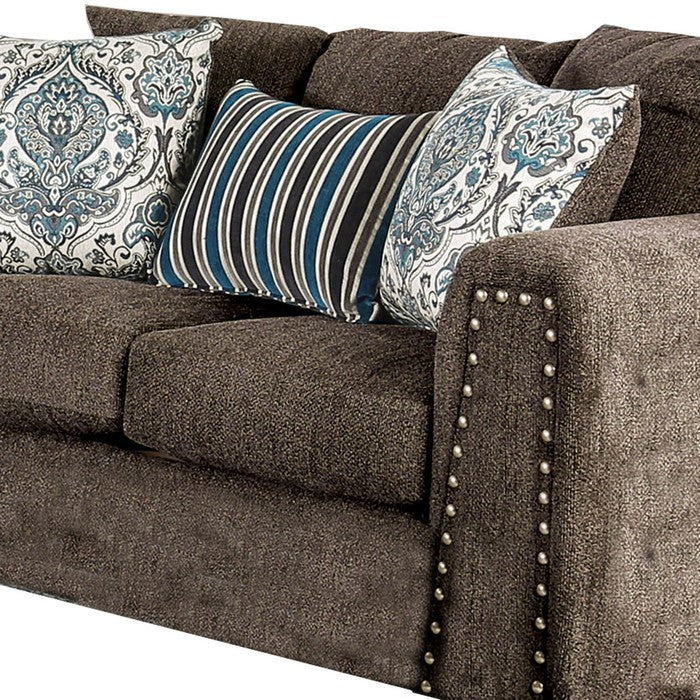 Modern Fabric Upholstered Wooden Loveseat with Nailhead Trim, Brown