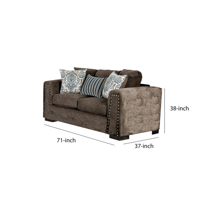 Modern Fabric Upholstered Wooden Loveseat with Nailhead Trim, Brown