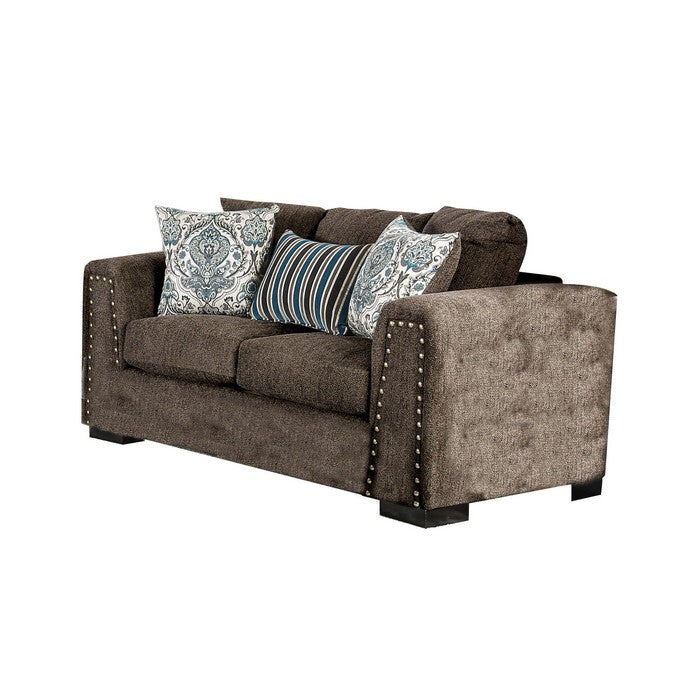 Modern Fabric Upholstered Wooden Loveseat with Nailhead Trim, Brown