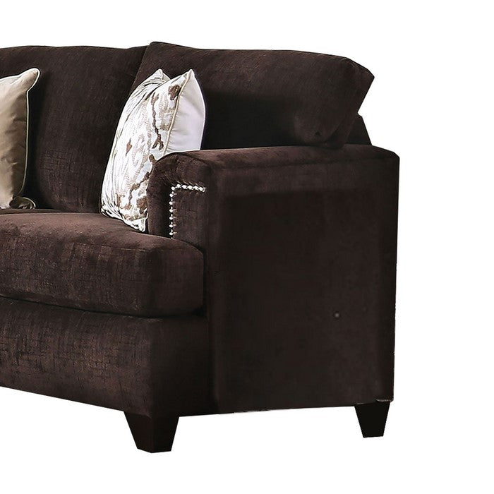 Fabric Upholstered Wooden Loveseat with T Shape Seat, Dark Brown