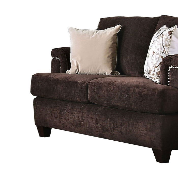 Fabric Upholstered Wooden Loveseat with T Shape Seat, Dark Brown