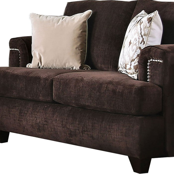 Fabric Upholstered Wooden Loveseat with T Shape Seat, Dark Brown