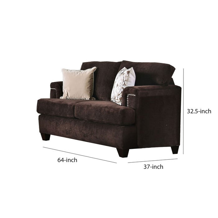 Fabric Upholstered Wooden Loveseat with T Shape Seat, Dark Brown