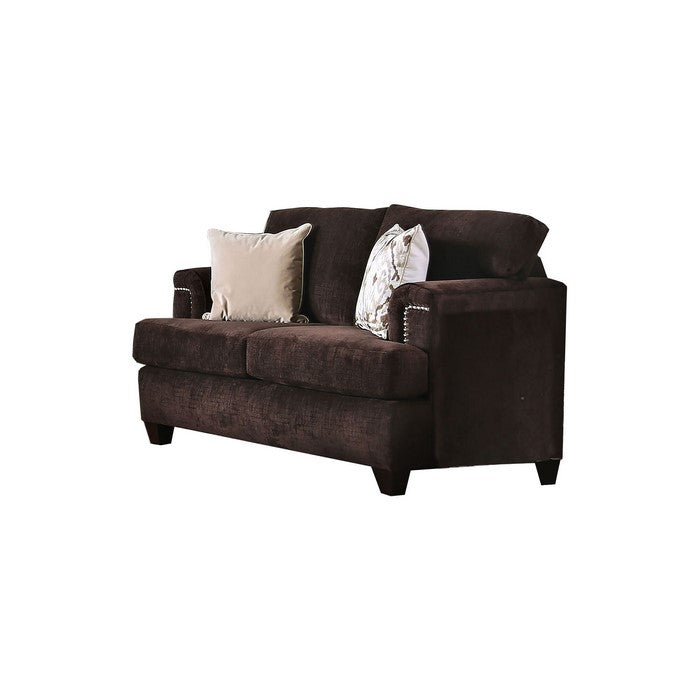 Fabric Upholstered Wooden Loveseat with T Shape Seat, Dark Brown