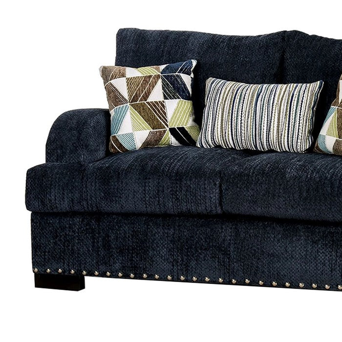 Chenille Fabric Upholstered Wooden Loveseat with Throw Pillows, Blue