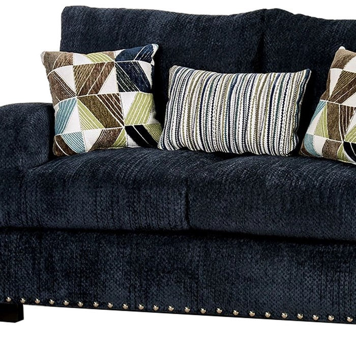 Chenille Fabric Upholstered Wooden Loveseat with Throw Pillows, Blue