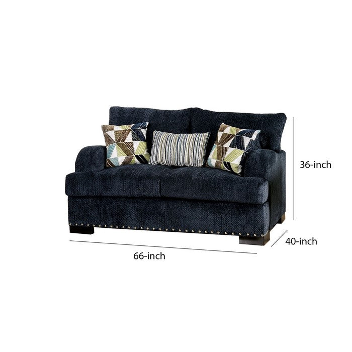Chenille Fabric Upholstered Wooden Loveseat with Throw Pillows, Blue