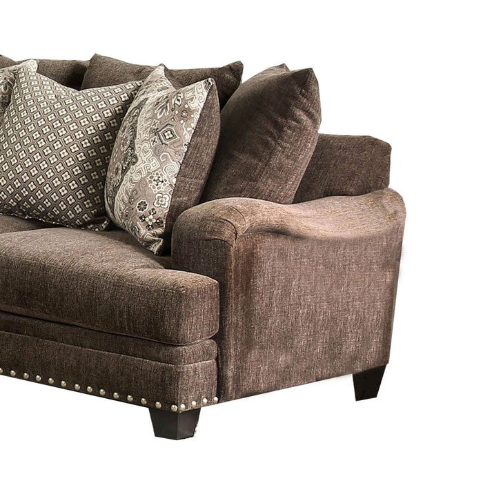 Fabric Upholstered Loveseat with Nailhead Trim and T Shaped Seat,Brown