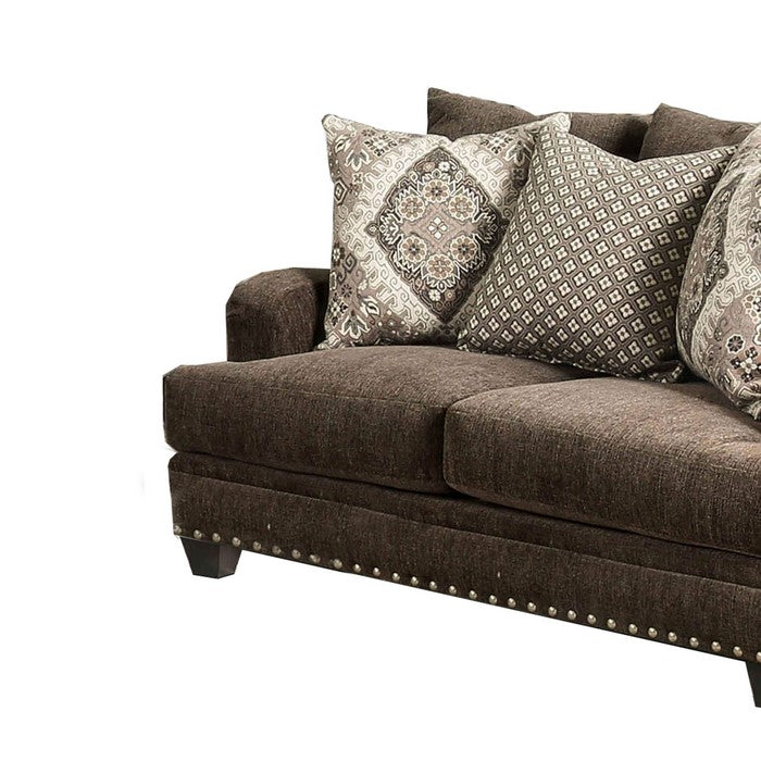 Fabric Upholstered Loveseat with Nailhead Trim and T Shaped Seat,Brown