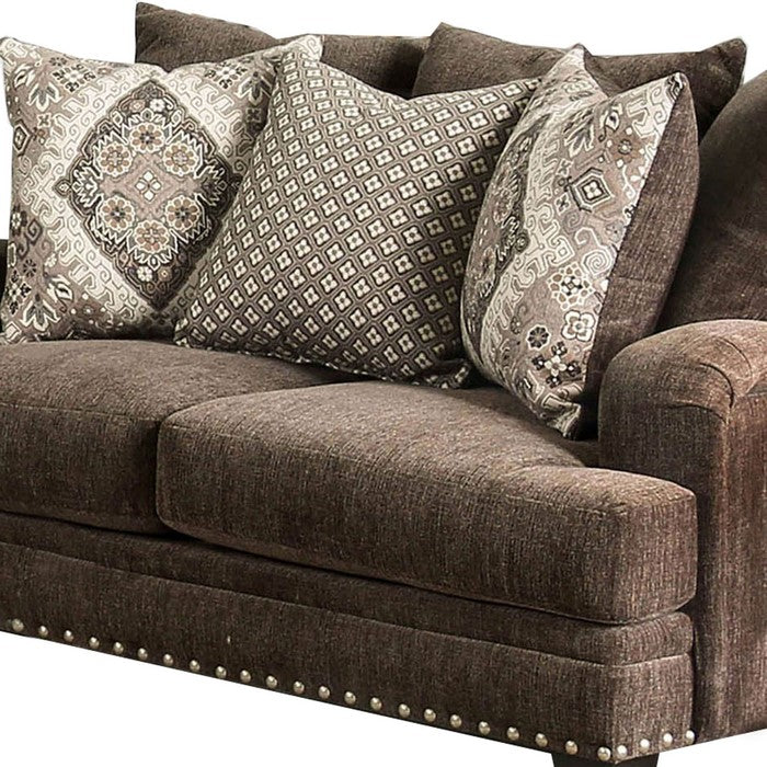 Fabric Upholstered Loveseat with Nailhead Trim and T Shaped Seat,Brown